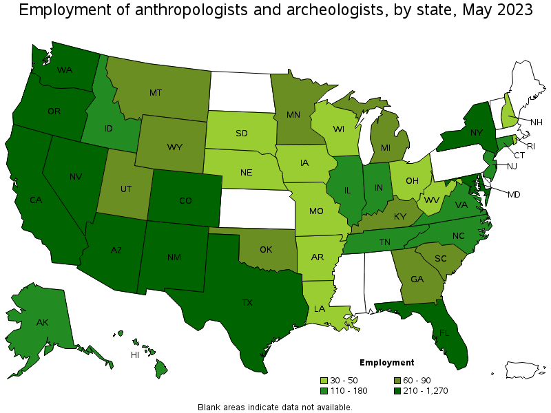 Map of employment of anthropologists and archeologists by state, May 2022