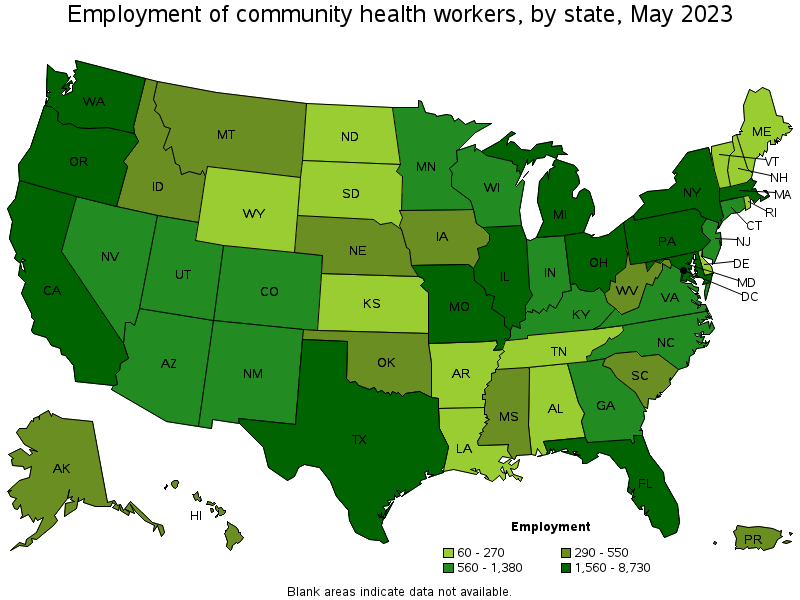 Map of employment of community health workers by state, May 2021