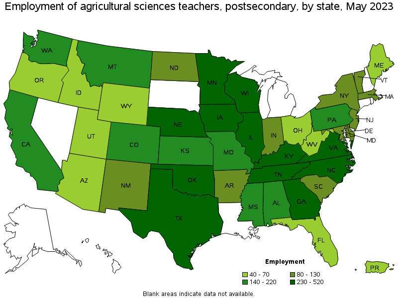 Map of employment of agricultural sciences teachers, postsecondary by state, May 2021
