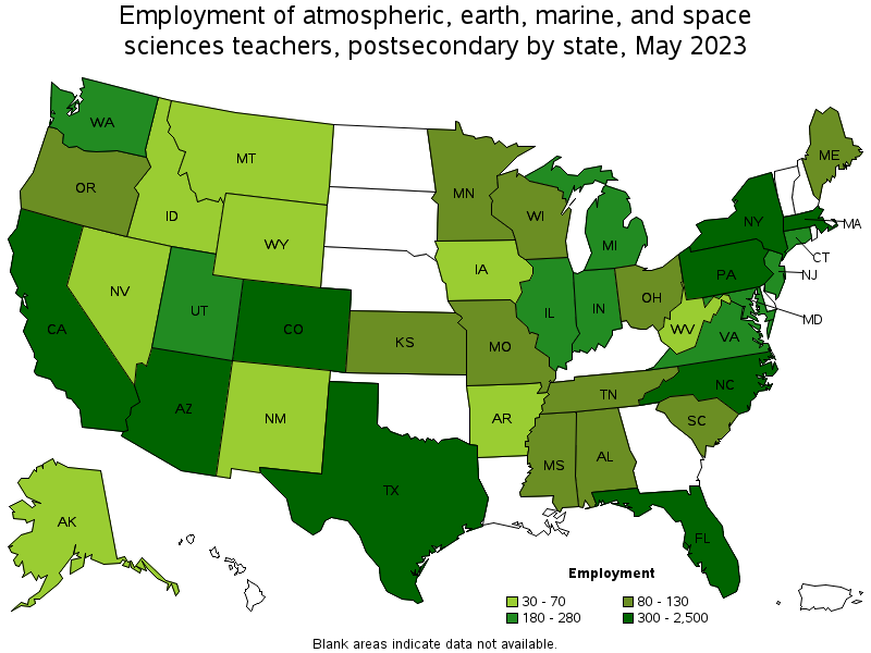 Map of employment of atmospheric, earth, marine, and space sciences teachers, postsecondary by state, May 2021