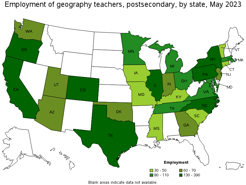 Map of employment of geography teachers, postsecondary by state, May 2022