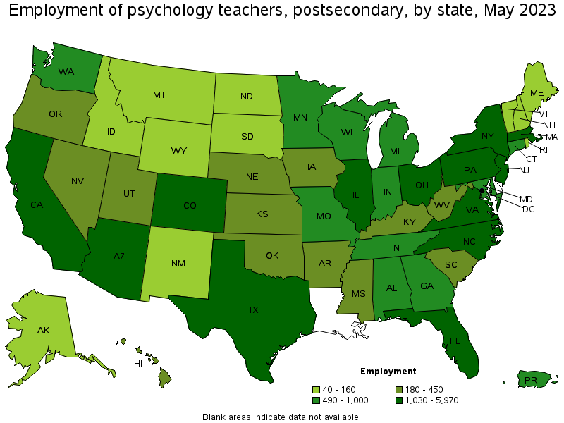 Map of employment of psychology teachers, postsecondary by state, May 2022
