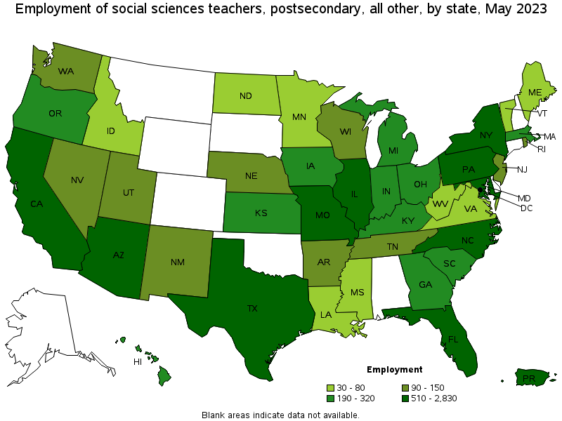 Map of employment of social sciences teachers, postsecondary, all other by state, May 2022