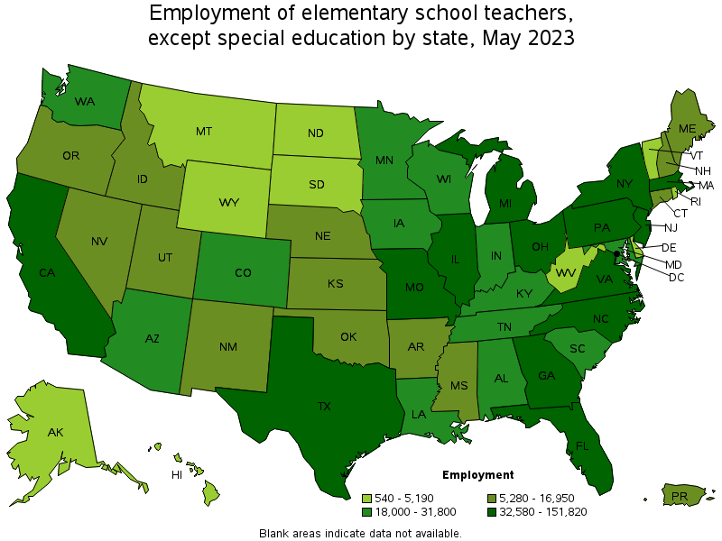 Map of employment of elementary school teachers, except special education by state, May 2022