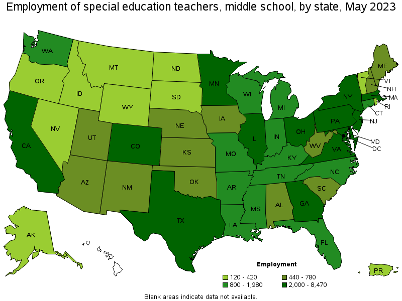 Map of employment of special education teachers, middle school by state, May 2022