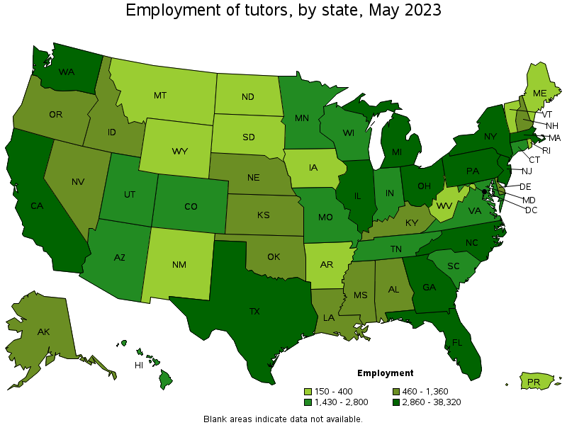Map of employment of tutors by state, May 2022