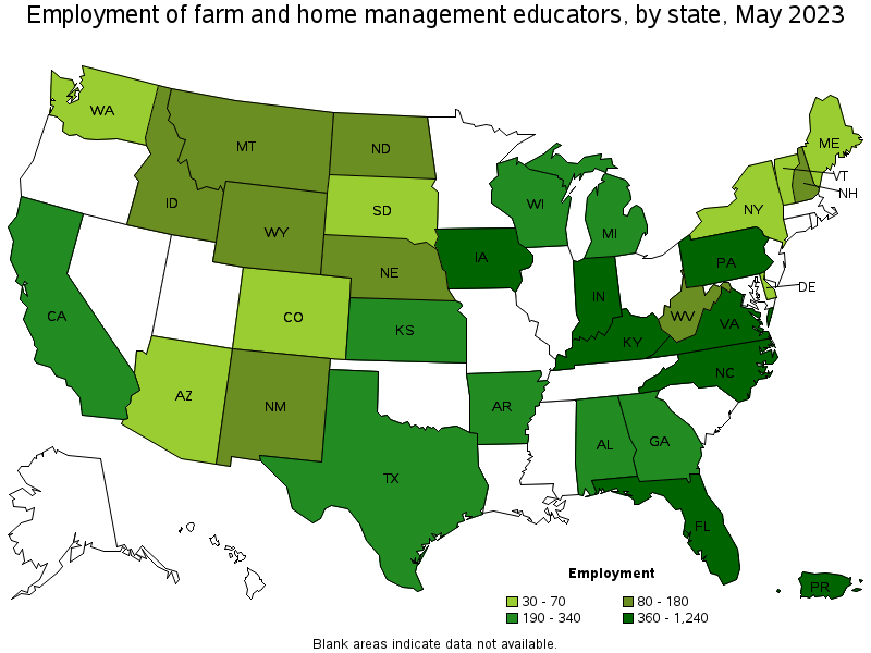 Map of employment of farm and home management educators by state, May 2021