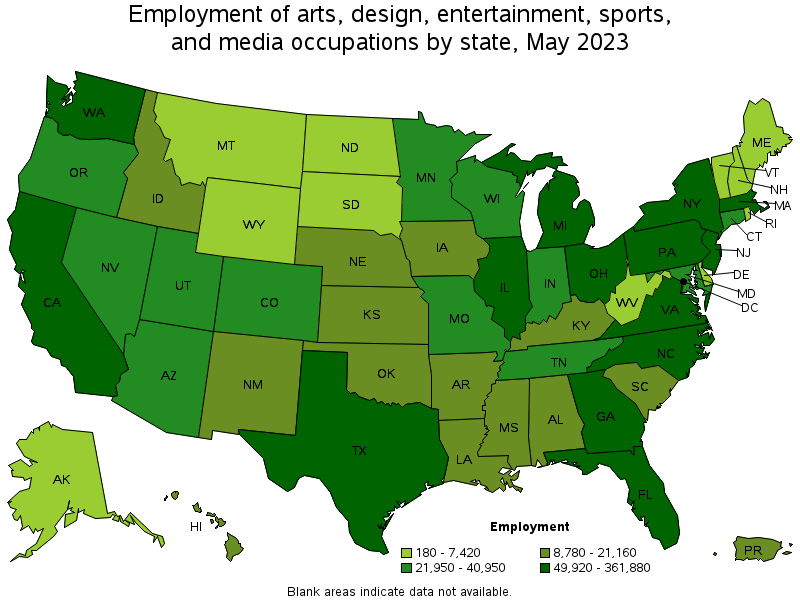 Map of employment of arts, design, entertainment, sports, and media occupations by state, May 2022