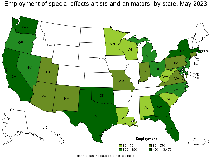 Map of employment of special effects artists and animators by state, May 2023