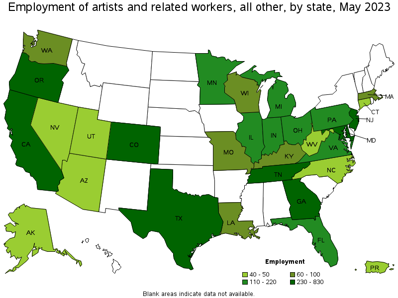 Map of employment of artists and related workers, all other by state, May 2021