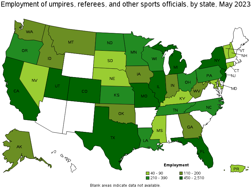 Map of employment of umpires, referees, and other sports officials by state, May 2022