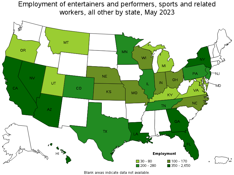 Map of employment of entertainers and performers, sports and related workers, all other by state, May 2022