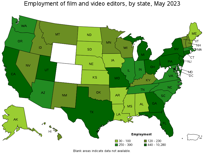 Map of employment of film and video editors by state, May 2021