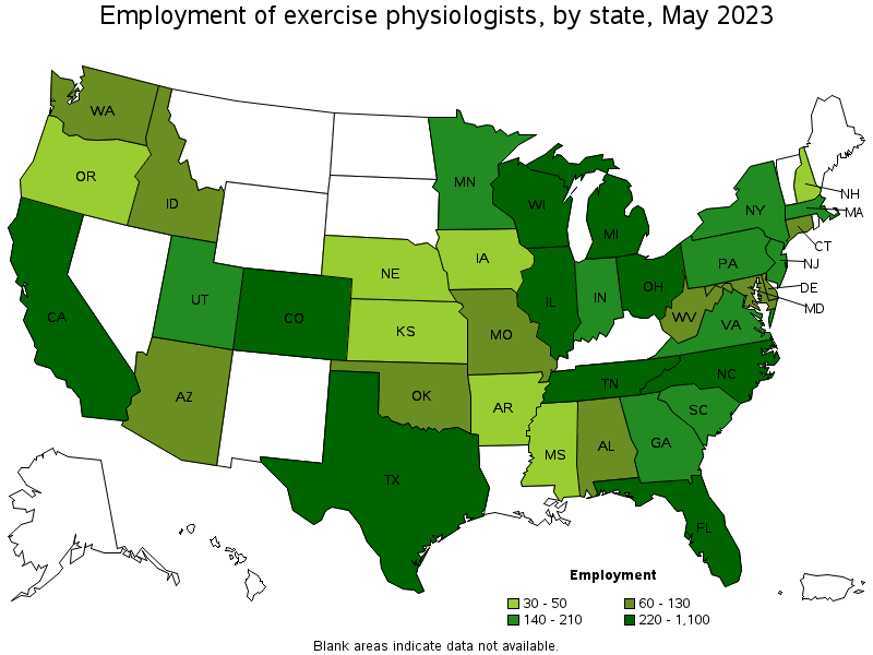 Map of employment of exercise physiologists by state, May 2021