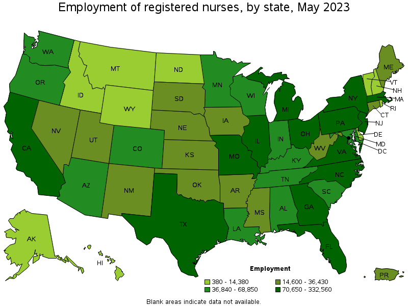 Map of employment of registered nurses by state, May 2021