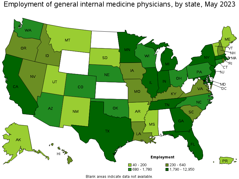 Map of employment of general internal medicine physicians by state, May 2022