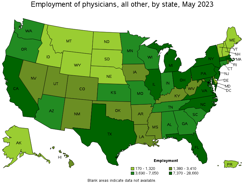 Map of employment of physicians, all other by state, May 2021