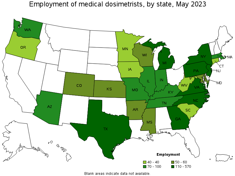 Map of employment of medical dosimetrists by state, May 2021