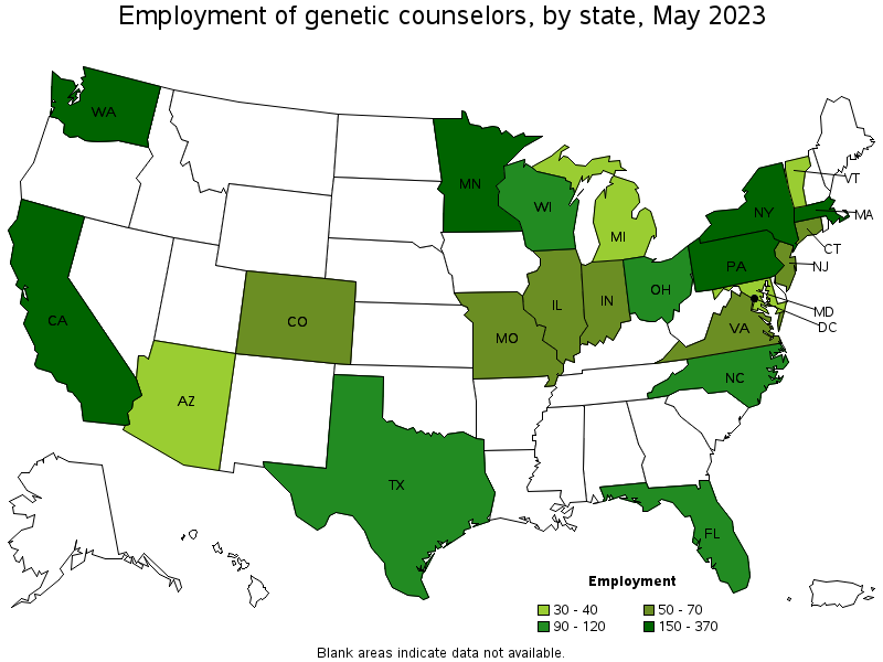 Map of employment of genetic counselors by state, May 2022