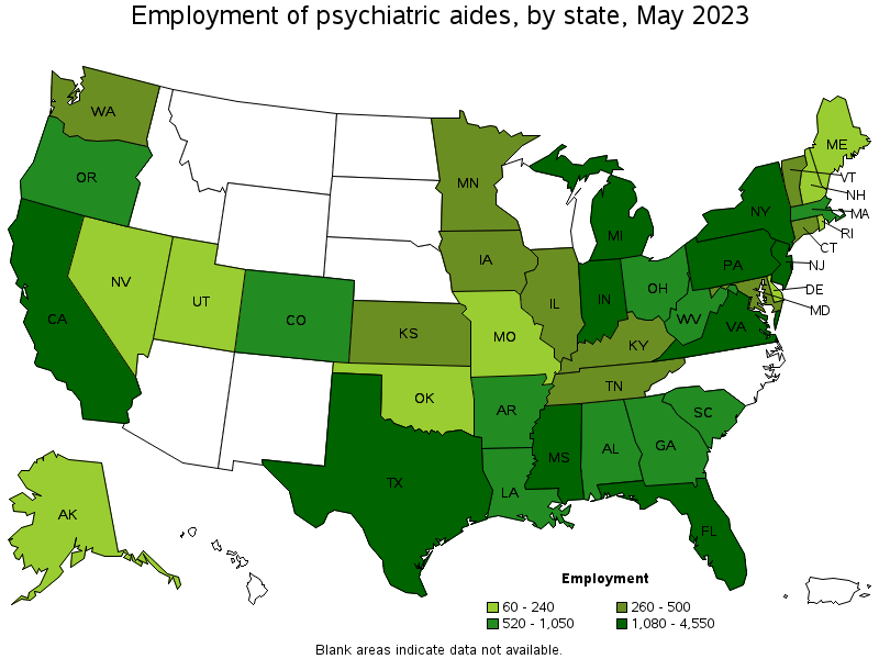 Map of employment of psychiatric aides by state, May 2023