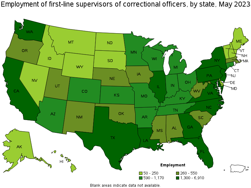 Map of employment of first-line supervisors of correctional officers by state, May 2022