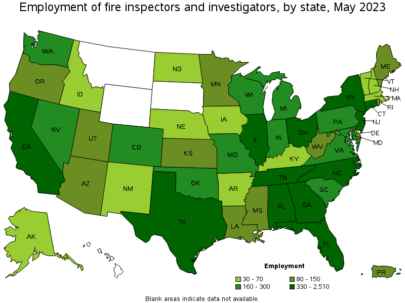 Map of employment of fire inspectors and investigators by state, May 2021
