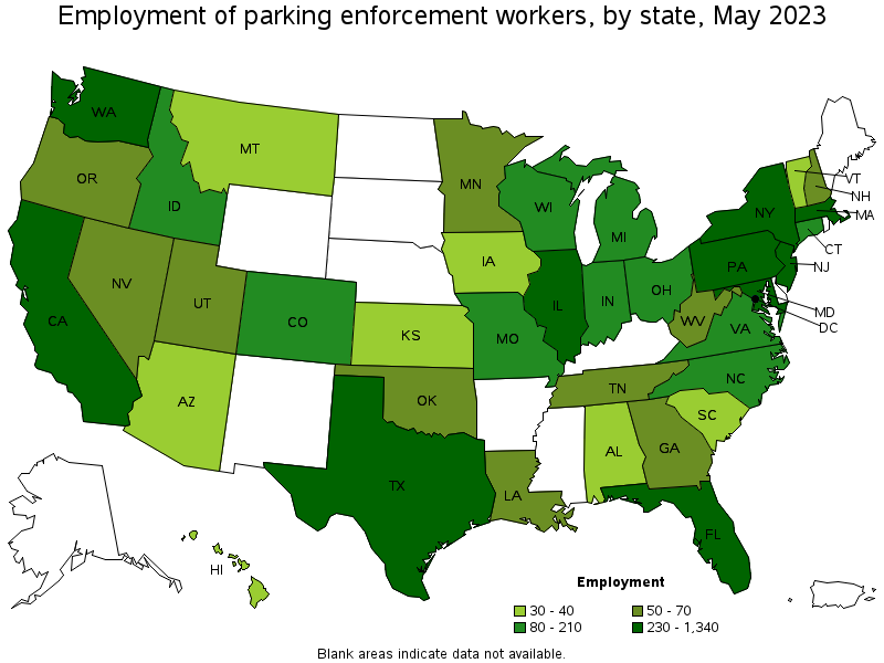 Map of employment of parking enforcement workers by state, May 2022
