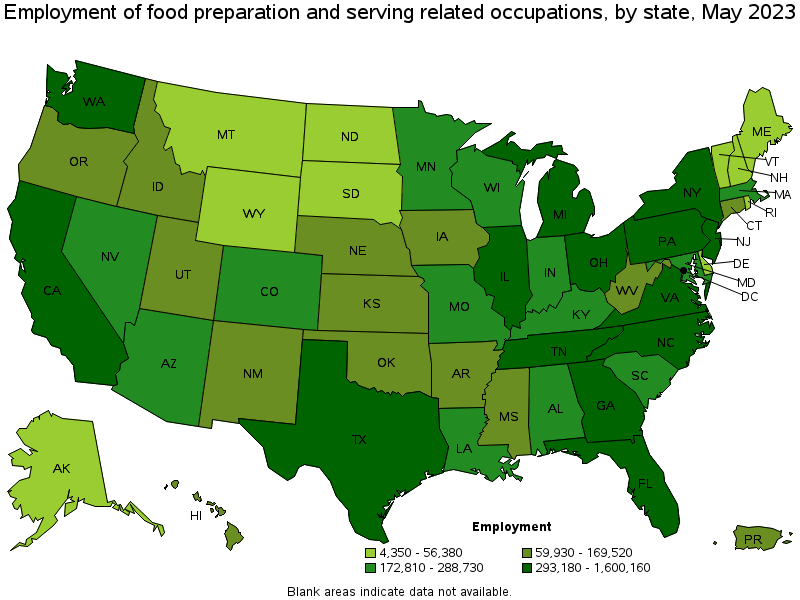 Map of employment of food preparation and serving related occupations by state, May 2022