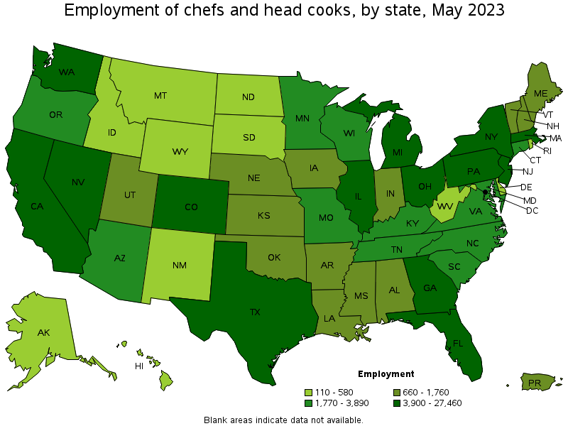 Map of employment of chefs and head cooks by state, May 2022