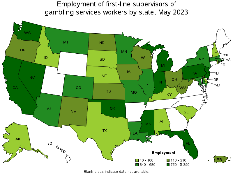 Map of employment of first-line supervisors of gambling services workers by state, May 2022
