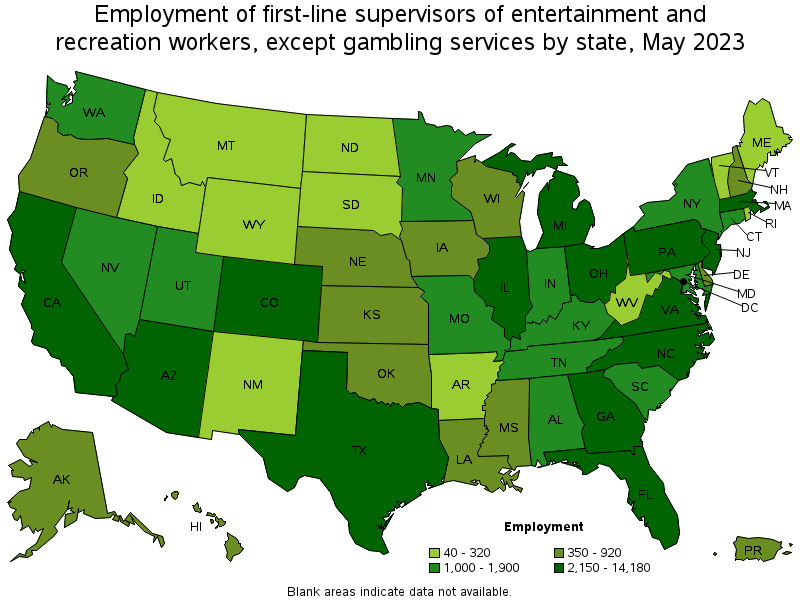 Map of employment of first-line supervisors of entertainment and recreation workers, except gambling services by state, May 2021