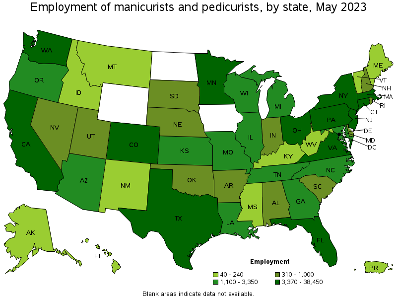 Map of employment of manicurists and pedicurists by state, May 2021
