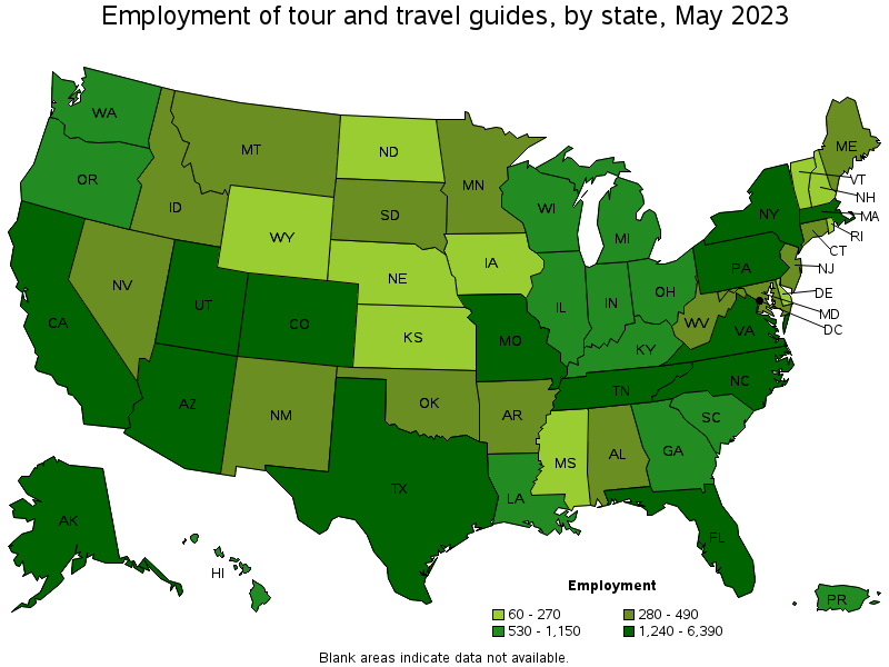 Map of employment of tour and travel guides by state, May 2021
