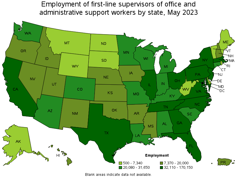 Map of employment of first-line supervisors of office and administrative support workers by state, May 2021