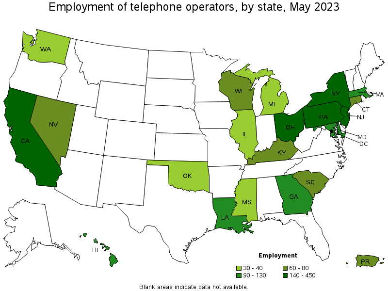 Map of employment of telephone operators by state, May 2023
