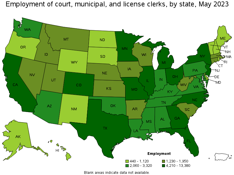Map of employment of court, municipal, and license clerks by state, May 2021