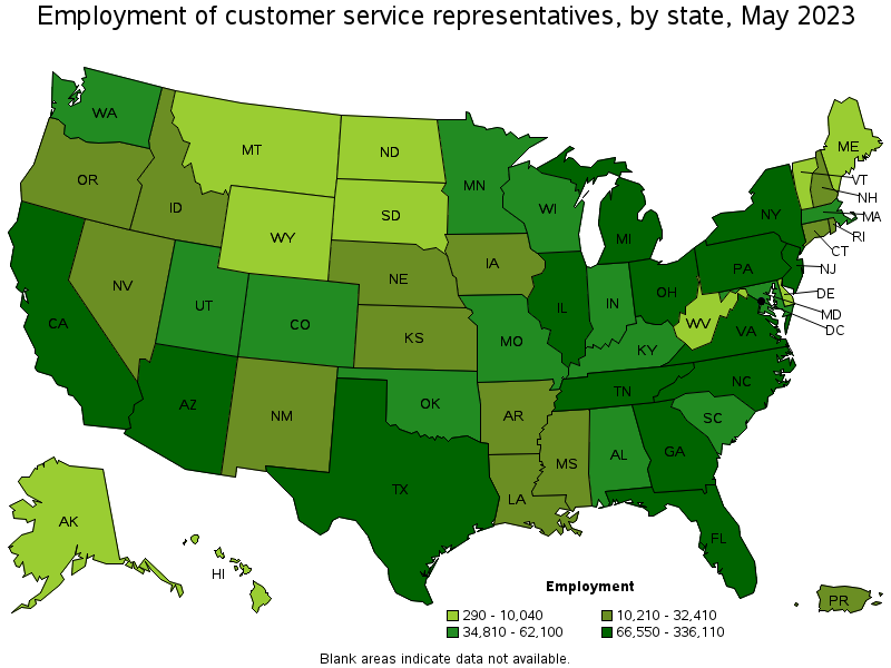 Map of employment of customer service representatives by state, May 2022