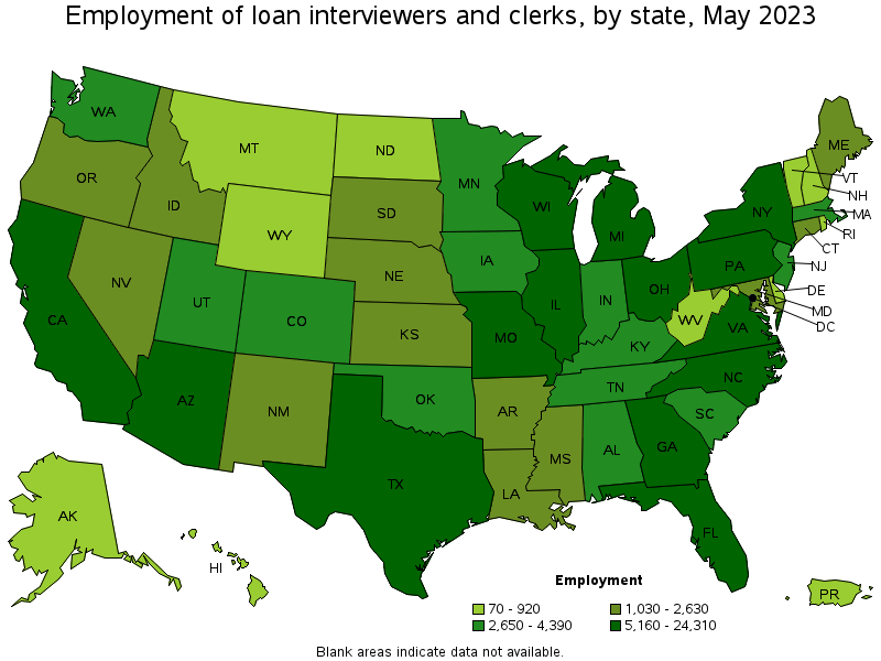 Map of employment of loan interviewers and clerks by state, May 2022