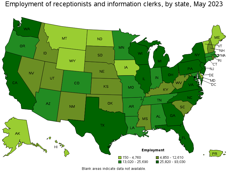 Map of employment of receptionists and information clerks by state, May 2021