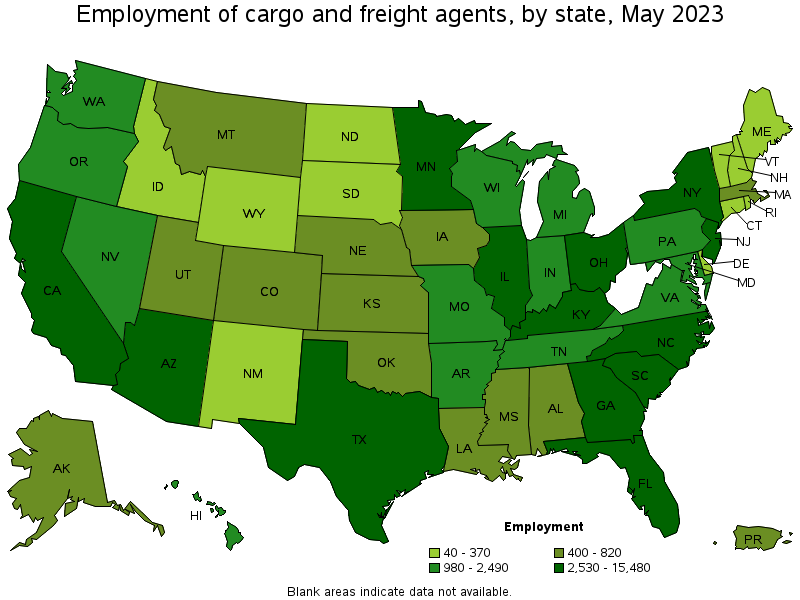 Map of employment of cargo and freight agents by state, May 2021