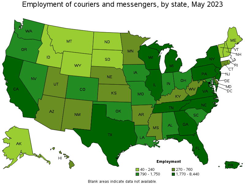 Map of employment of couriers and messengers by state, May 2022