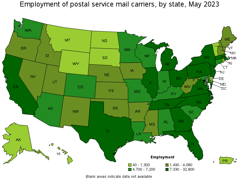Map of employment of postal service mail carriers by state, May 2022
