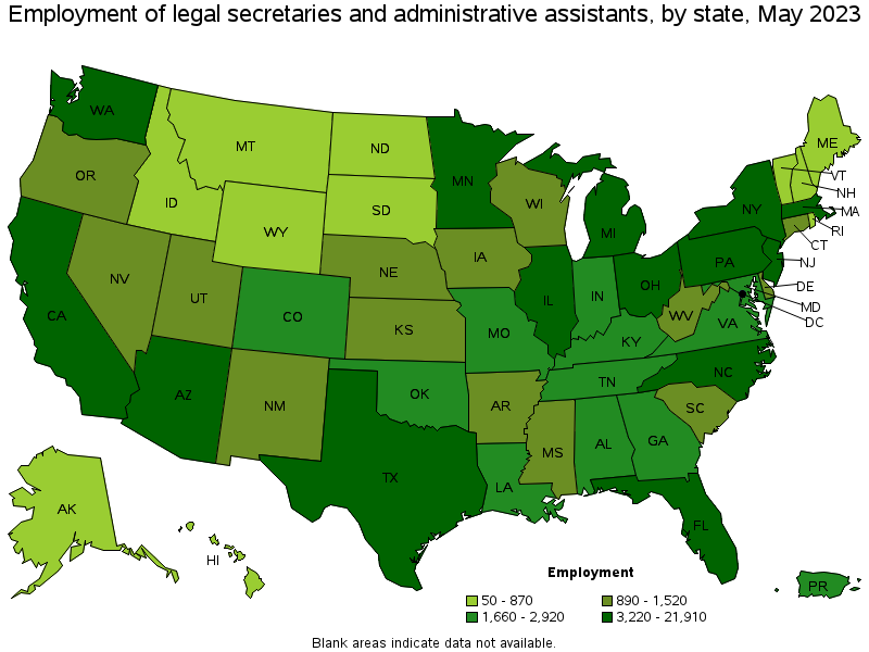 Map of employment of legal secretaries and administrative assistants by state, May 2021