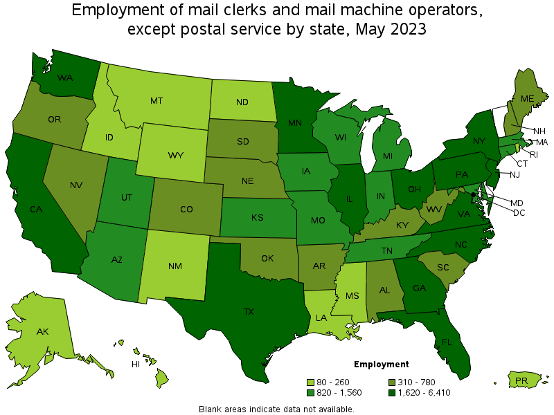 Map of employment of mail clerks and mail machine operators, except postal service by state, May 2022