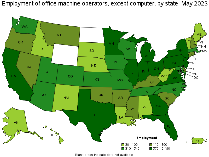 Map of employment of office machine operators, except computer by state, May 2022