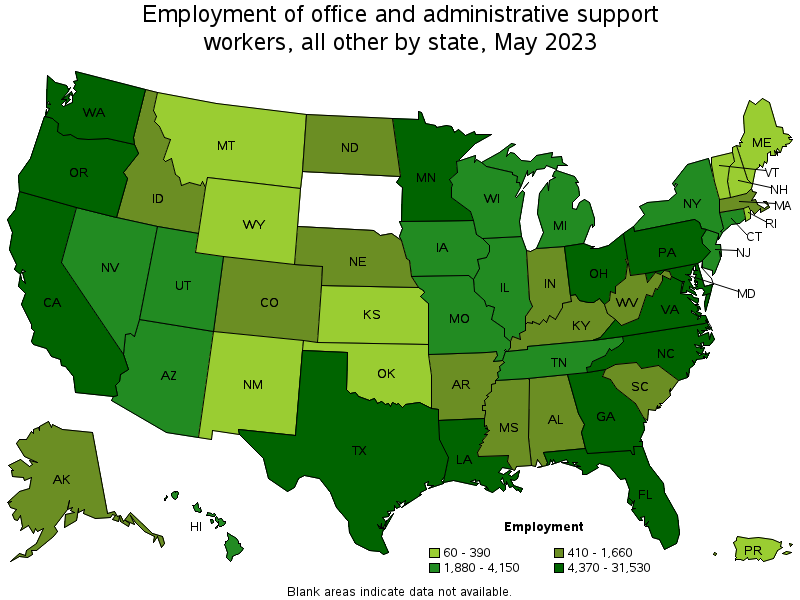 Map of employment of office and administrative support workers, all other by state, May 2021