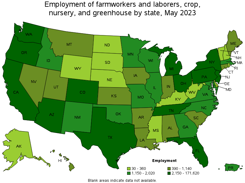 Map of employment of farmworkers and laborers, crop, nursery, and greenhouse by state, May 2021