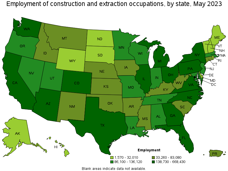 Map of employment of construction and extraction occupations by state, May 2021