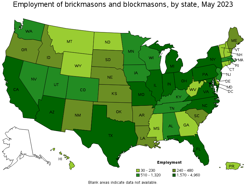 Map of employment of brickmasons and blockmasons by state, May 2022