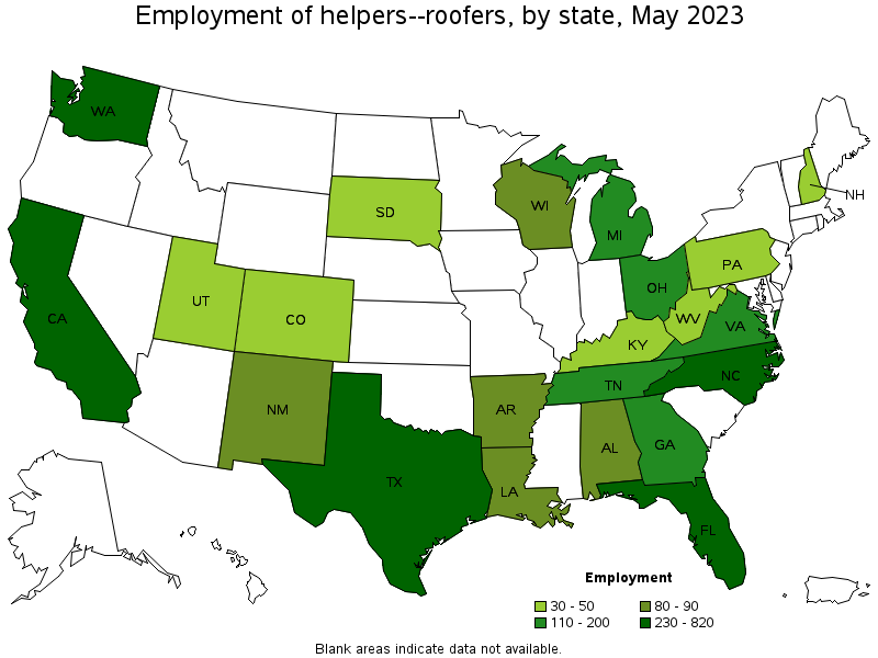Map of employment of helpers--roofers by state, May 2022